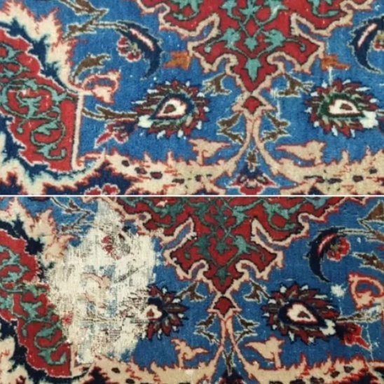 Avant / après : zone usée restaurée sur un tapis persan